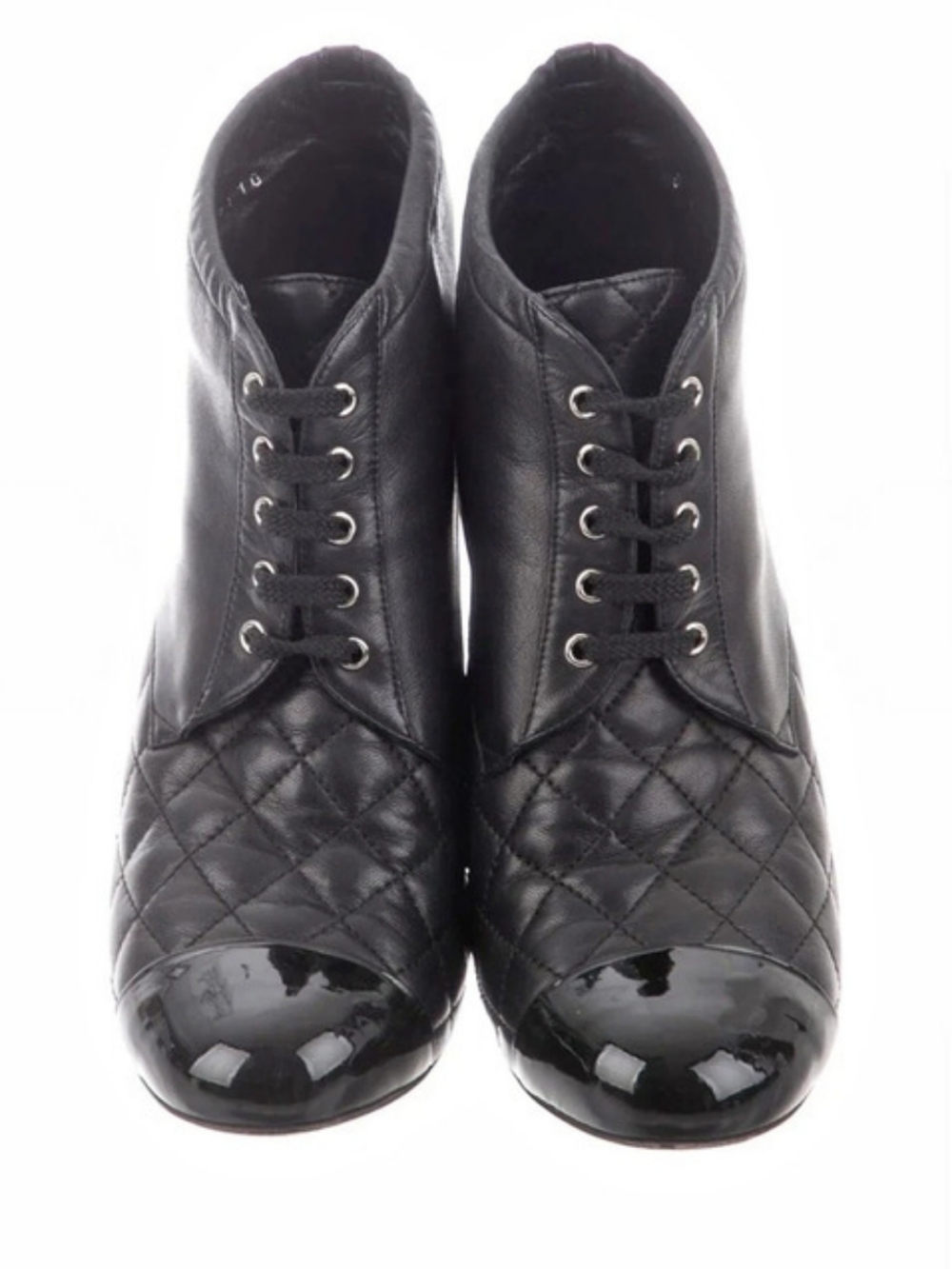 Chanel Quilted Patent Cap Toe Lace-Up Block Heel Booties 37.5 (7-7/2)